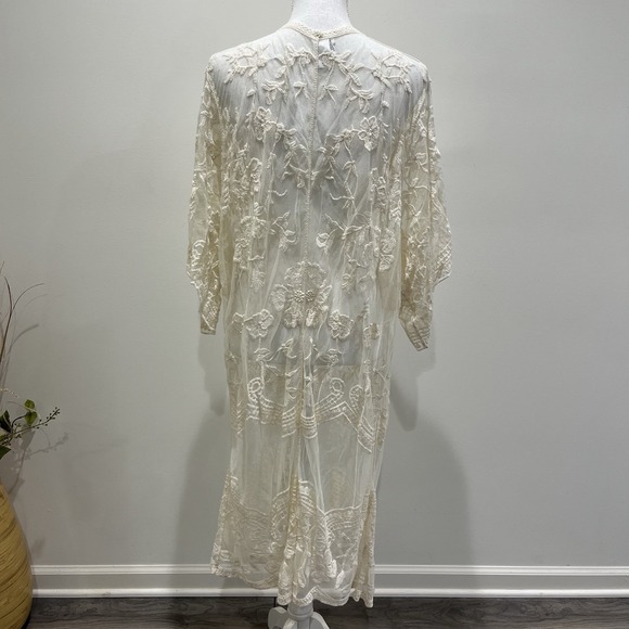 Womens Kimono Duster Cream Sheer Lace Embroiderd Whimsical Boho Indie Floral - Picture 3 of 7